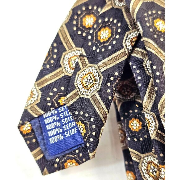 Meeting Street Handmade Silk Tie Brown & Gold Geometric Pattern - Picture 2 of 8